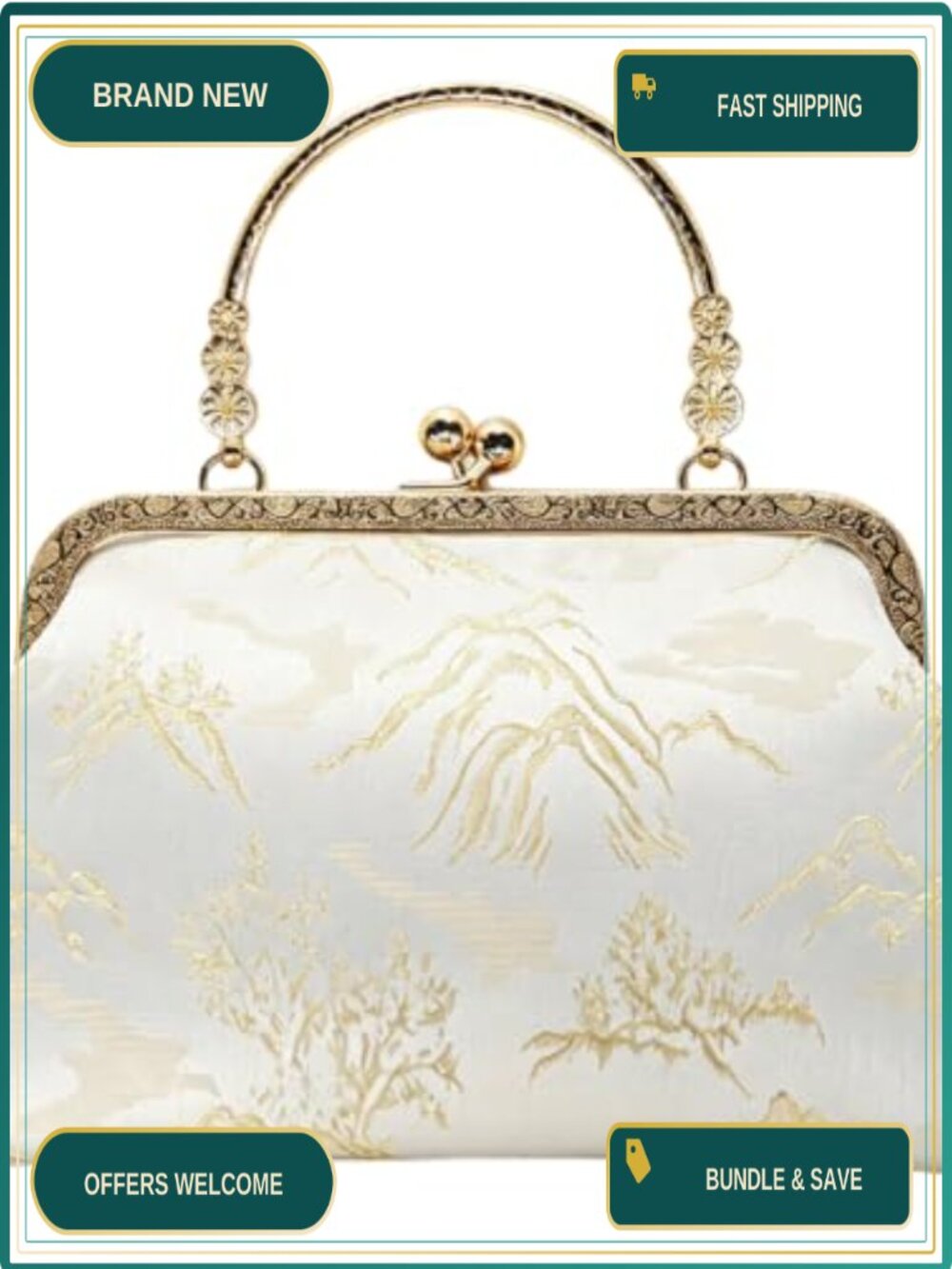 Kiss Lock Clutch Embroidered Evening Bag with Gold Chain Strap